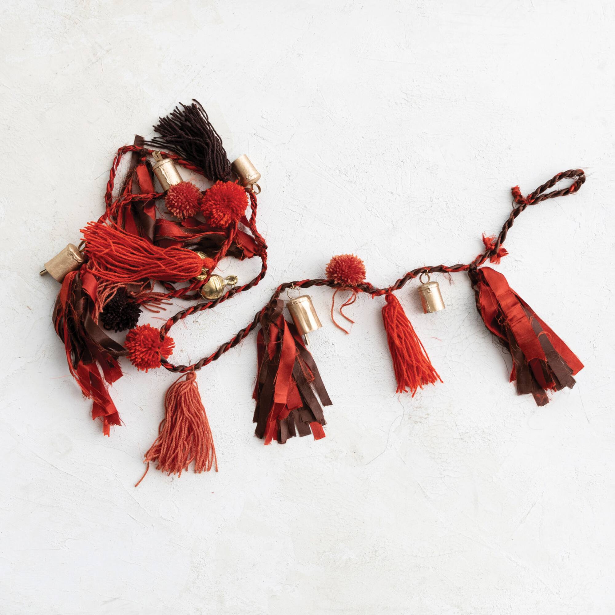 Hello Honey® 6ft. Metal Bells with Pom Poms, Tassels & Fabric Remnants Garland